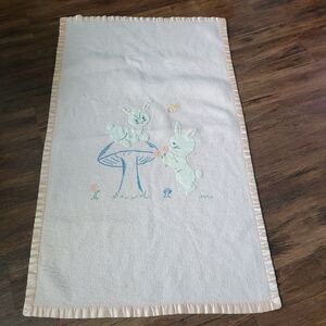 Vintage Pastel Pink Baby Blanket Applique Bunnies Mushroom Bird flower satin tri